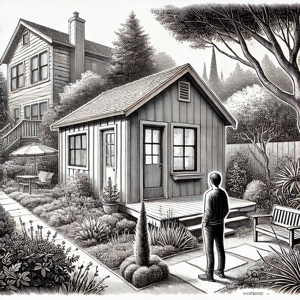 A man standing in front of a detached ADU in front of a house