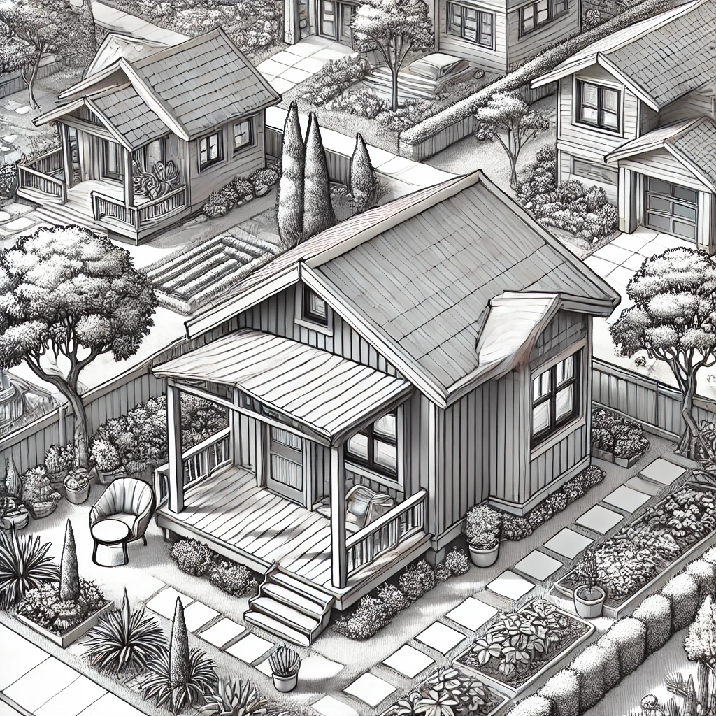 A sketch from an aerial view of an ADU in a garden
