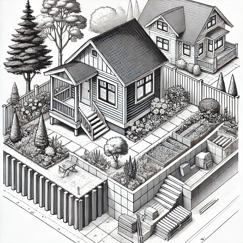 An ADU surrounded by a retaining wall